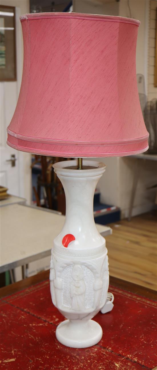 A tall carved alabaster table lamp overall height 85cm